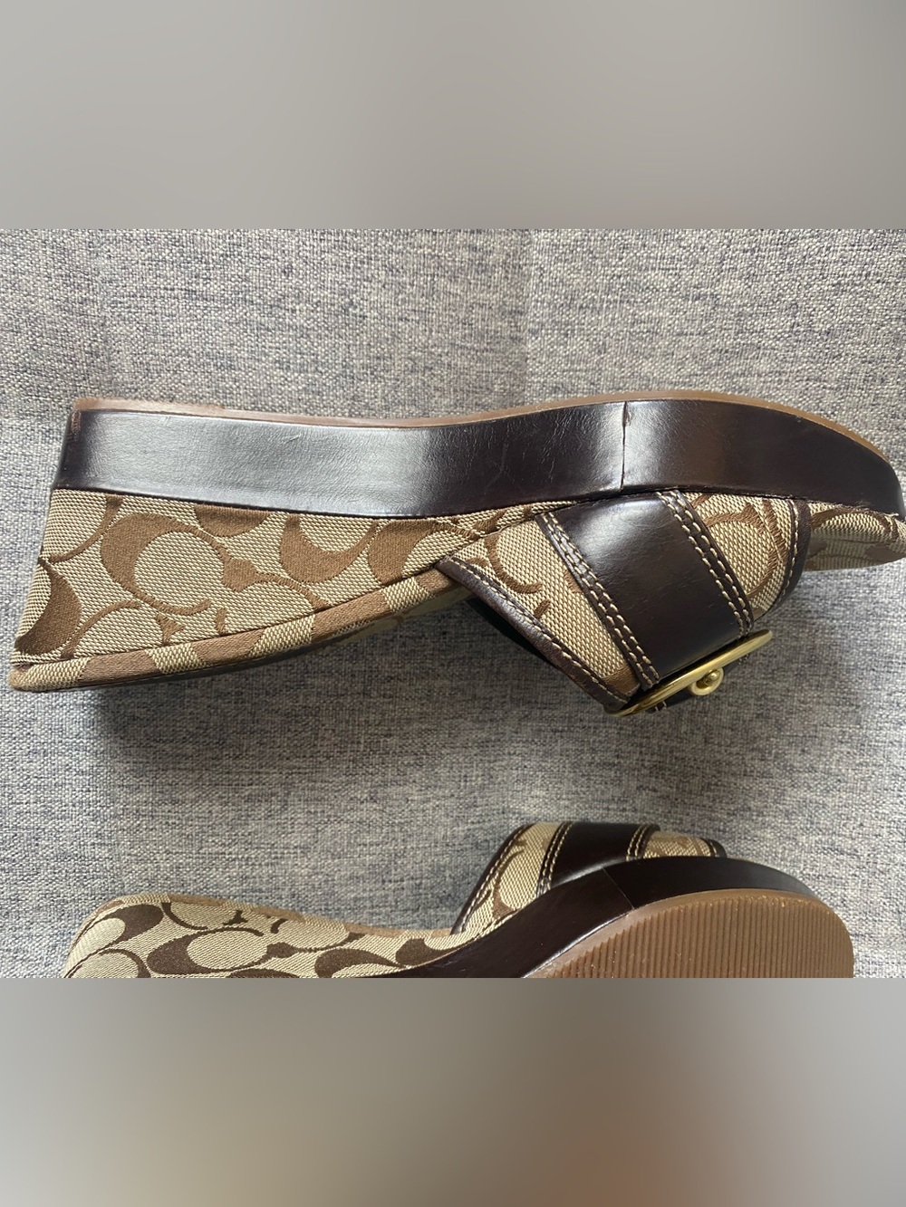Coach Greta Brown Y2K Luxe Signature Brown Leather Slide Sandals Gold Buckle 7 - Picture 8 of 12